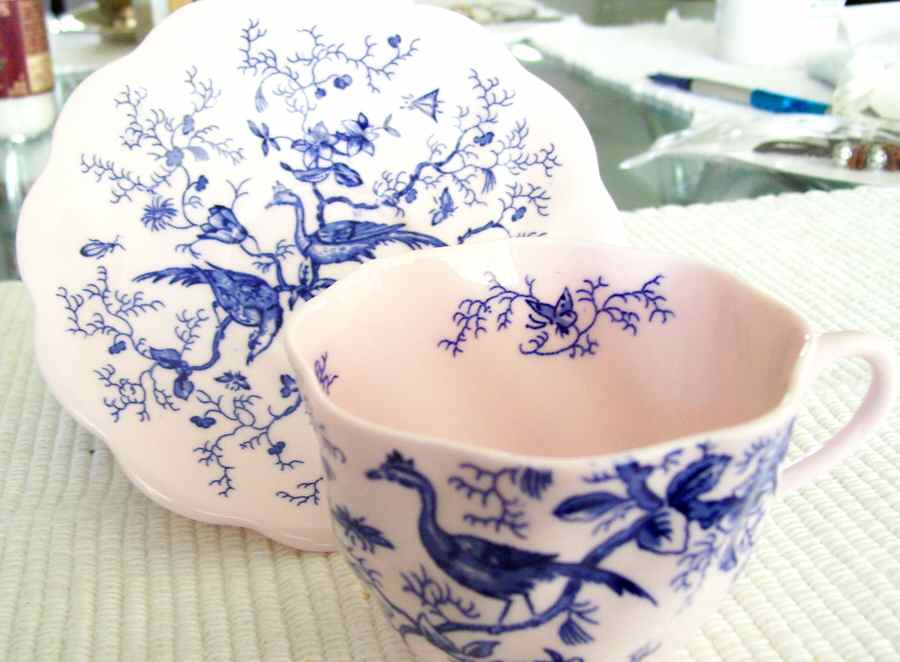 Cairo Blue on White (Raised Edge, No Trim) Footed Cup & Saucer Set by Coalport-1