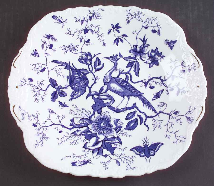 Cairo Blue on White (Raised Edge, No Trim) Square Handled Cake Plate by Coalport-1