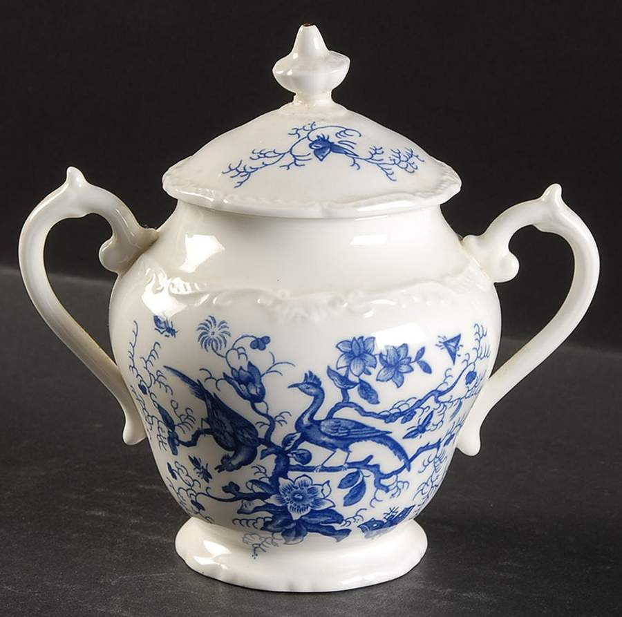 Cairo Blue on White (Raised Edge, No Trim) Sugar Bowl & Lid by Coalport-1