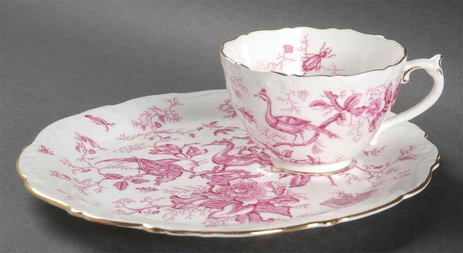 Cairo Pink On White (Raised Edge, Gold) Snack Plate & Cup Set by Coalport-1