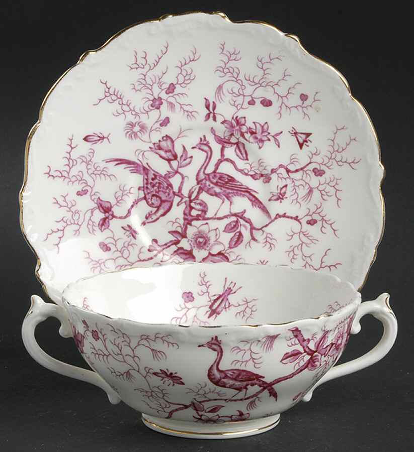 Cairo Pink On White (Raised Edge, Gold) Footed Cream Soup Bowl & Saucer Set by Coalport-1
