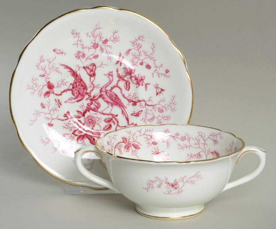 Cairo Pink On White (Not Raised, Gold) Footed Cream Soup Bowl & Saucer Set by Coalport-1