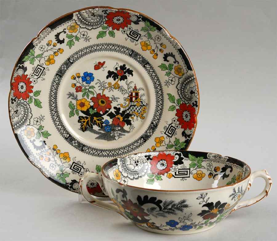 Canton (Cream) Flat Cream Soup Bowl & Saucer Set by Coalport-1