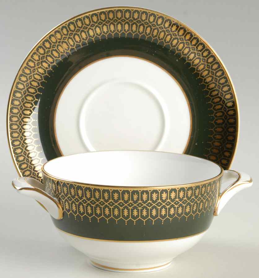 Chateau Green (Smooth Edge) Footed Cream Soup Bowl & Saucer Set by Coalport-1