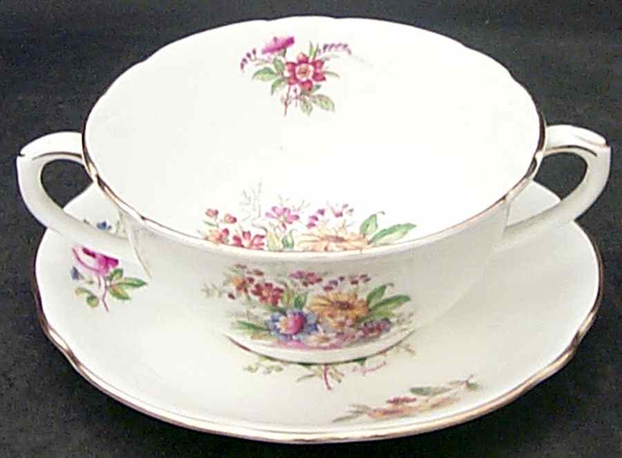 Fragrance (9054, Not Raised, Scalloped) Footed Cream Soup Bowl & Saucer Set by Coalport-1