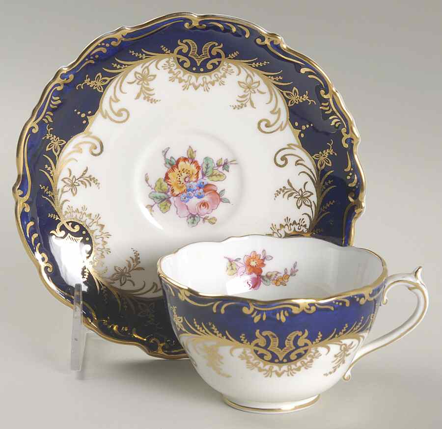 Sandringham Cobalt Blue (Floral, Gold Trim) Flat Cup & Saucer Set by Coalport-1