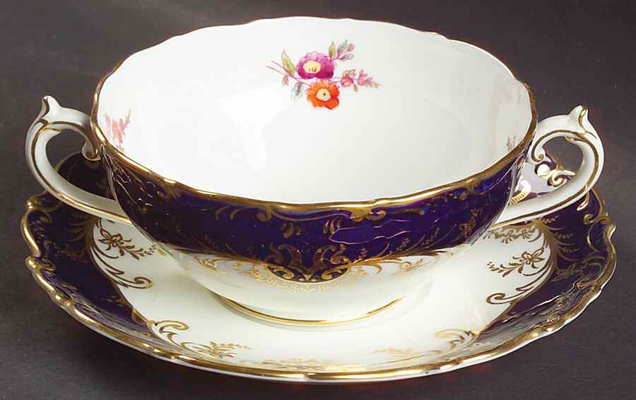 Sandringham Cobalt Blue (Floral, Gold Trim) Footed Cream Soup Bowl & Saucer Set by Coalport-1