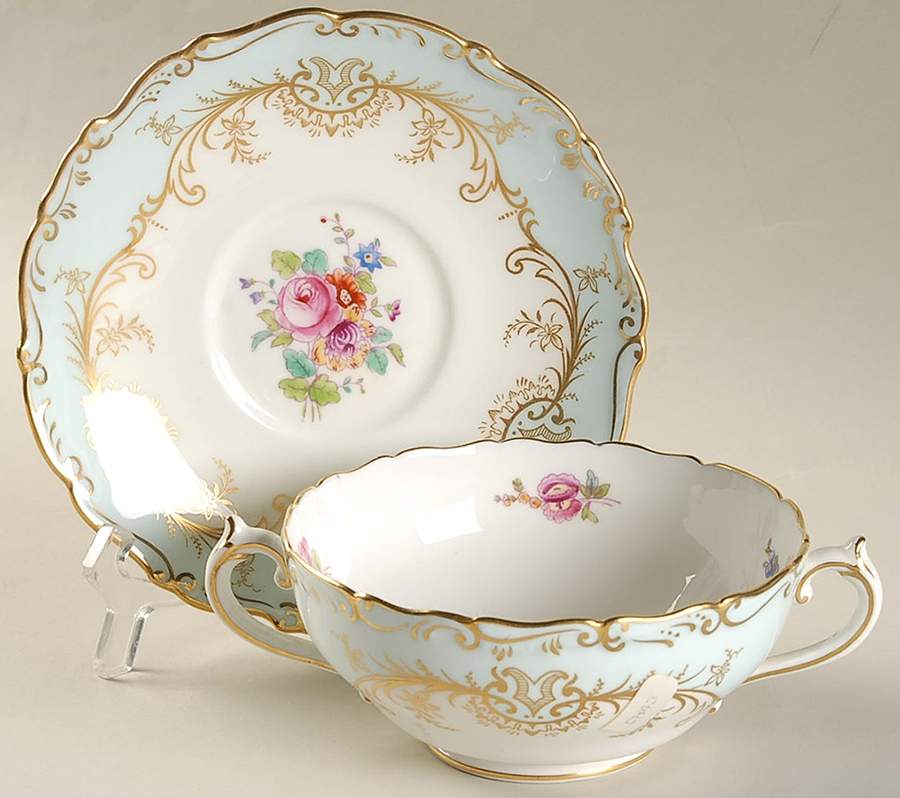 Sandringham Light Blue (Gold Trim) Footed Cream Soup Bowl & Saucer Set by Coalport-1