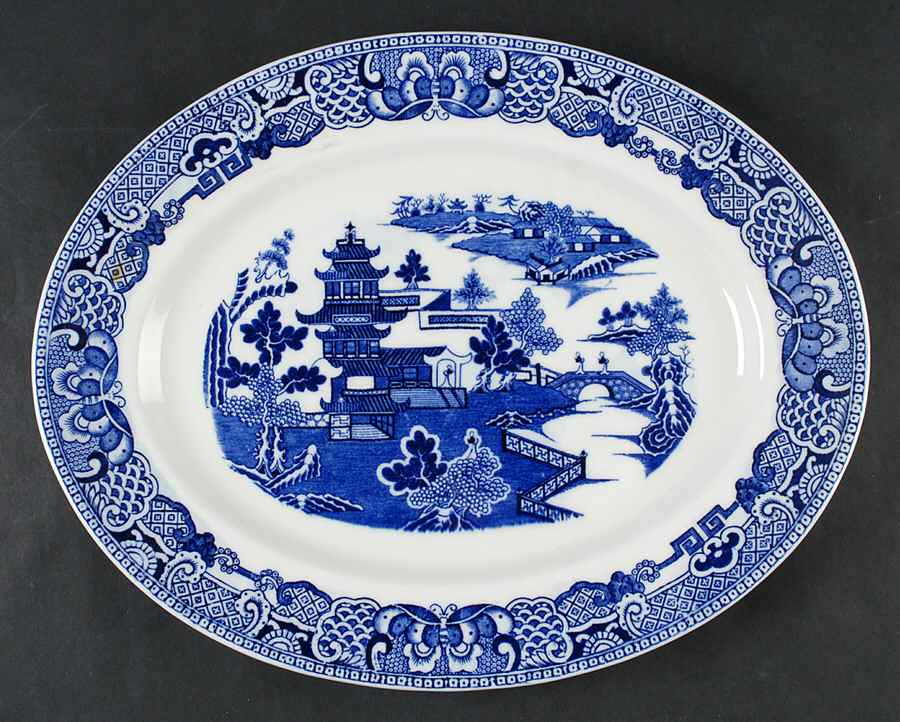 The Willow Blue (Newer, Bone) 13" Oval Serving Platter by Coalport-1