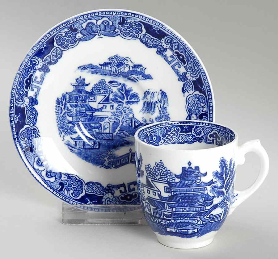 The Willow Blue (Newer, Bone) Flat Demitasse Cup & Saucer Set by Coalport-1