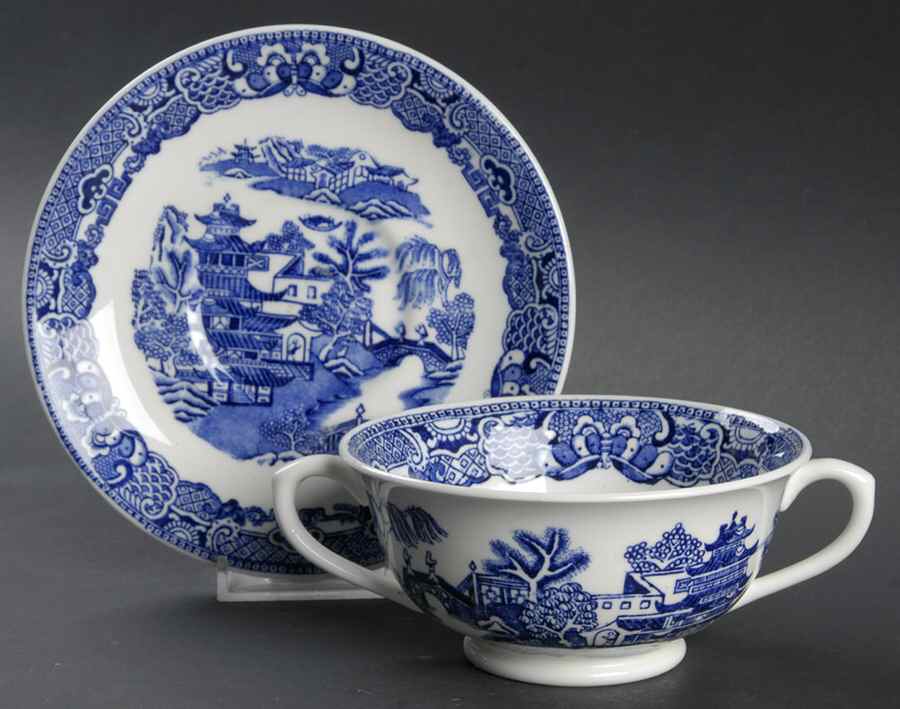 The Willow Blue (Newer, Bone) Footed Cream Soup Bowl & Saucer Set by Coalport-1