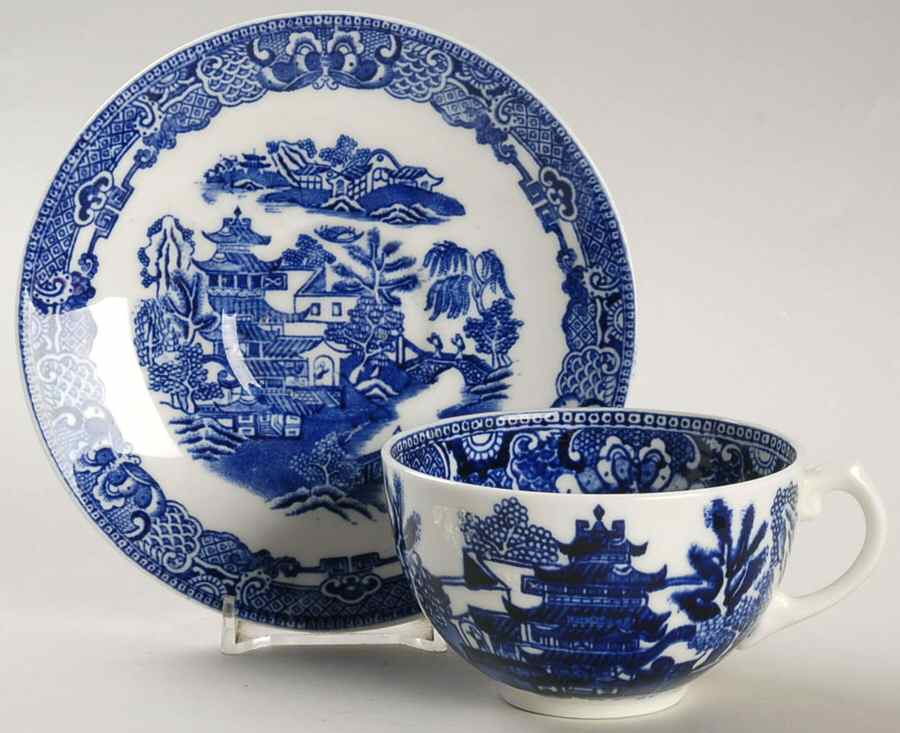 The Willow Blue (Newer, Bone) Flat Cup & Saucer Set by Coalport-1