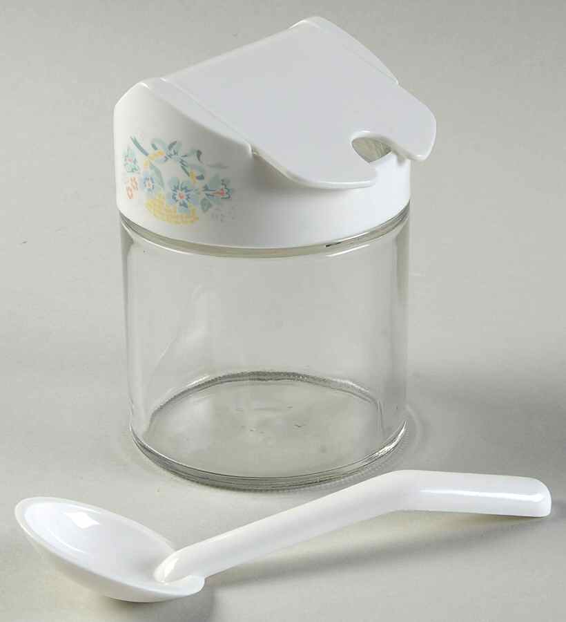 Country Cornflower Glass Sugar Bowl w/Plastic Lid & Spoon by Corning Corelle-1