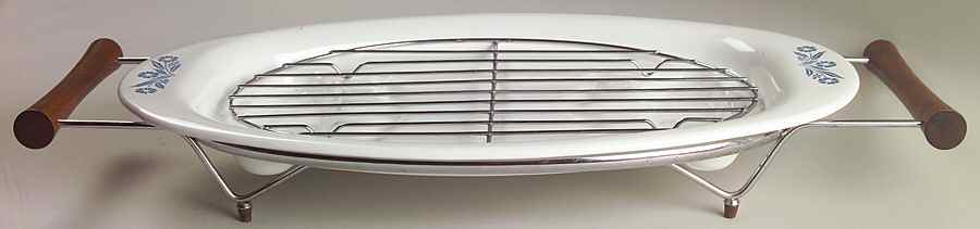 Cornflower Blue 16" Oval Roaster with Metal Rack & Holder by Corning Corelle-1