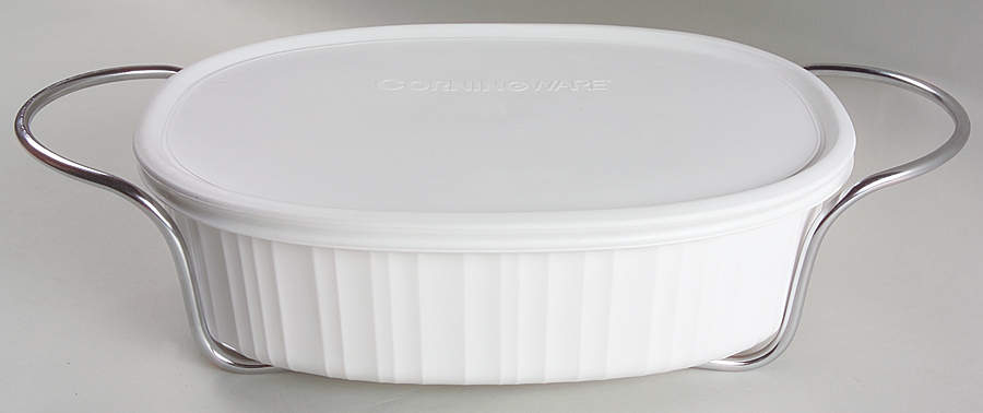 French White 2.5qt Oval Cov Casserole W/Mtl Stand & Plastic Lid by Corning Corelle-1