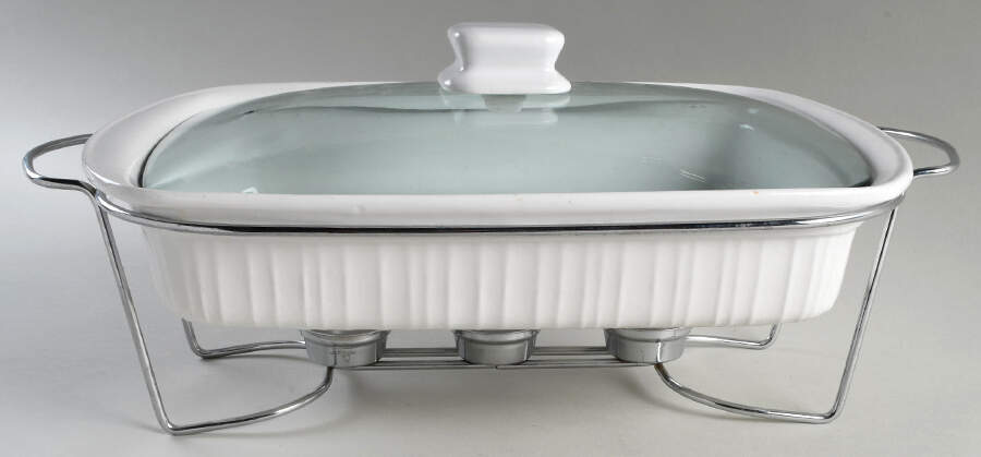 French White 13" Rectangular Roaster W/Lid & Metal Stand by Corning Corelle-1