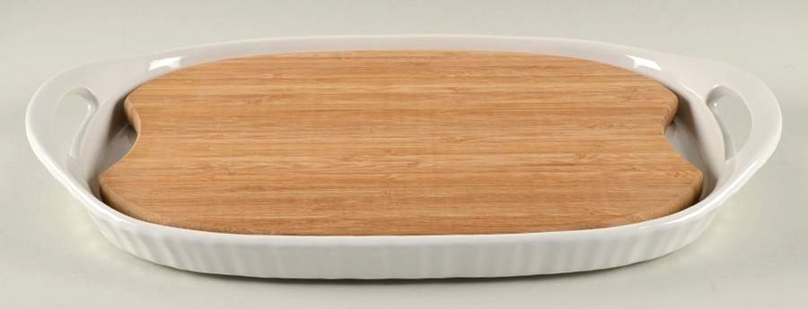 French White 16" Oval Platter & Wood Insert by Corning Corelle-1