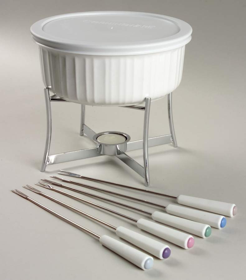 French White 10 Pc Fondue (Pot, 6 Forks,Stand,Burner,Pls Lid) by Corning Corelle-1