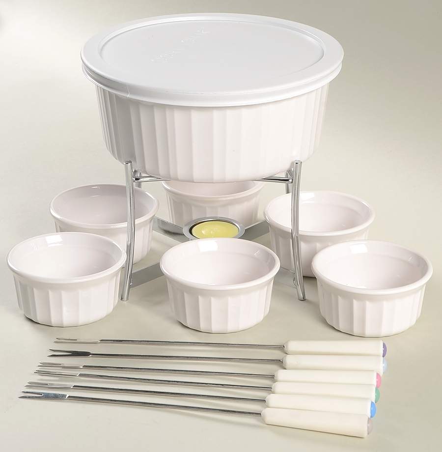 French White Fondue 16 Piece (Pot, Forks, Stand & Ramekins) by Corning Corelle-1