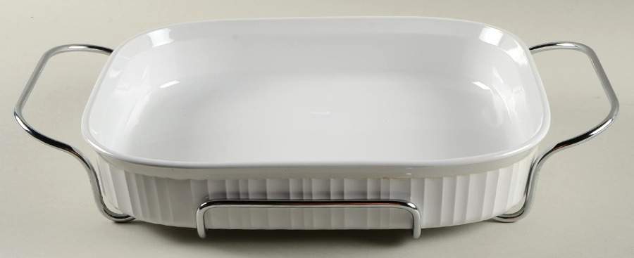 French White 14" Rectangular Roaster W/Metal Stand by Corning Corelle-1