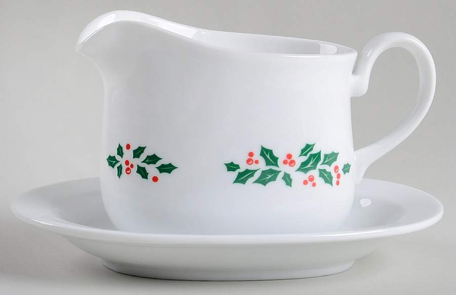 Winter Holly (Green Band, Corelle) Gravy Boat & Underplate by Corning Corelle-1