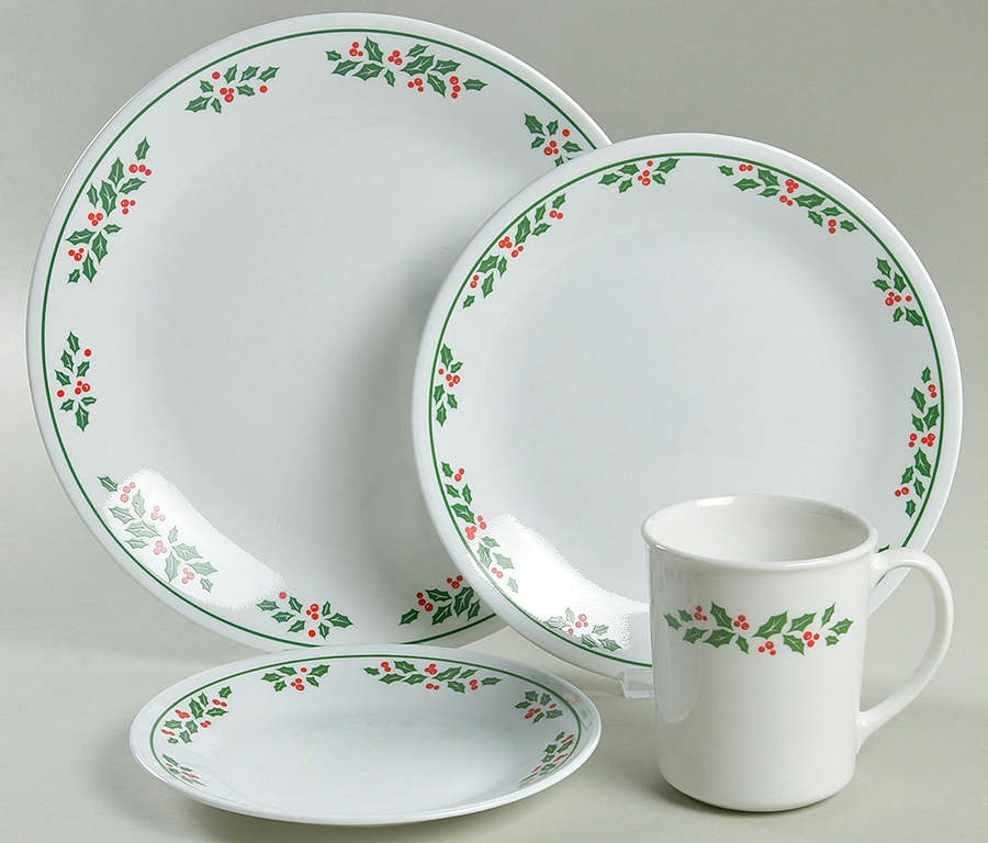 Winter Holly (Green Band, Corelle) 4 Piece Place Setting by Corning Corelle-1
