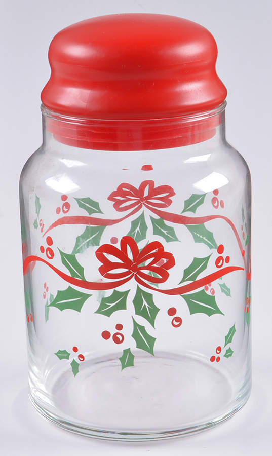 Winter Holly (Green Band, Corelle) Medium Glassware Canister by Corning Corelle-1