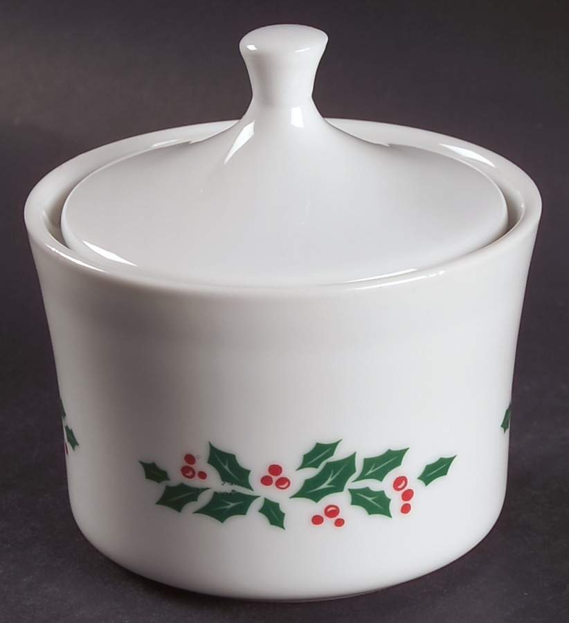 Winter Holly (Green Band, Corelle) Sugar Bowl & Lid by Corning Corelle-1