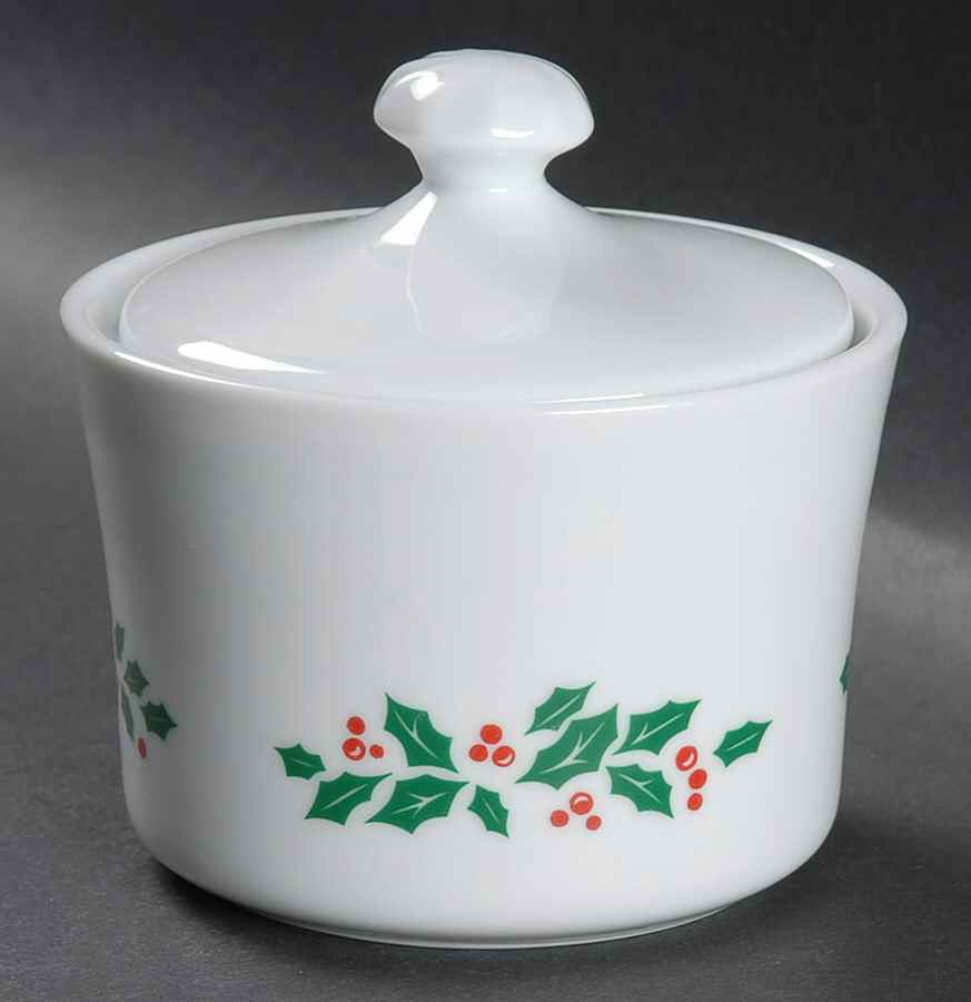 Winter Holly (Green Band, Corelle) Sugar Bowl & Lid by Corning Corelle-1