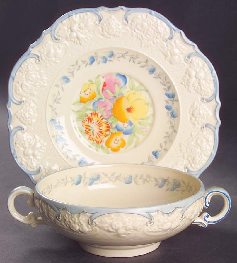 A2913 Footed Cream Soup Bowl & Saucer Set by Crown Ducal-1
