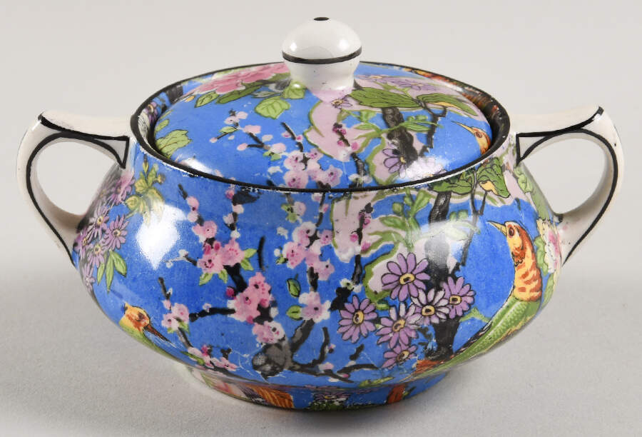 Blue Chintz (Black Trim) Sugar Bowl & Lid by Crown Ducal-1