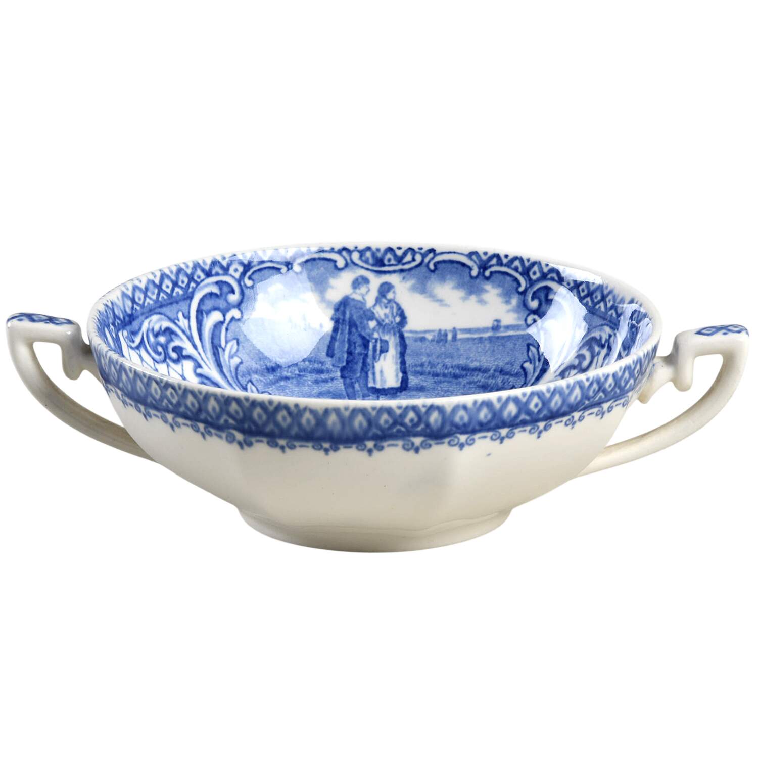Colonial Times Blue (Floral & Scene Border) Flat Cream Soup Bowl by Crown Ducal-1