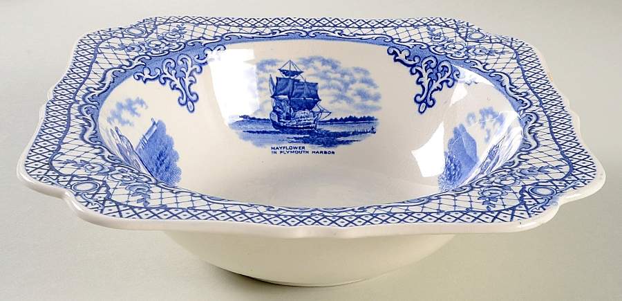 Colonial Times Blue (Floral & Scene Border) 8" Square Vegetable Bowl by Crown Ducal-1