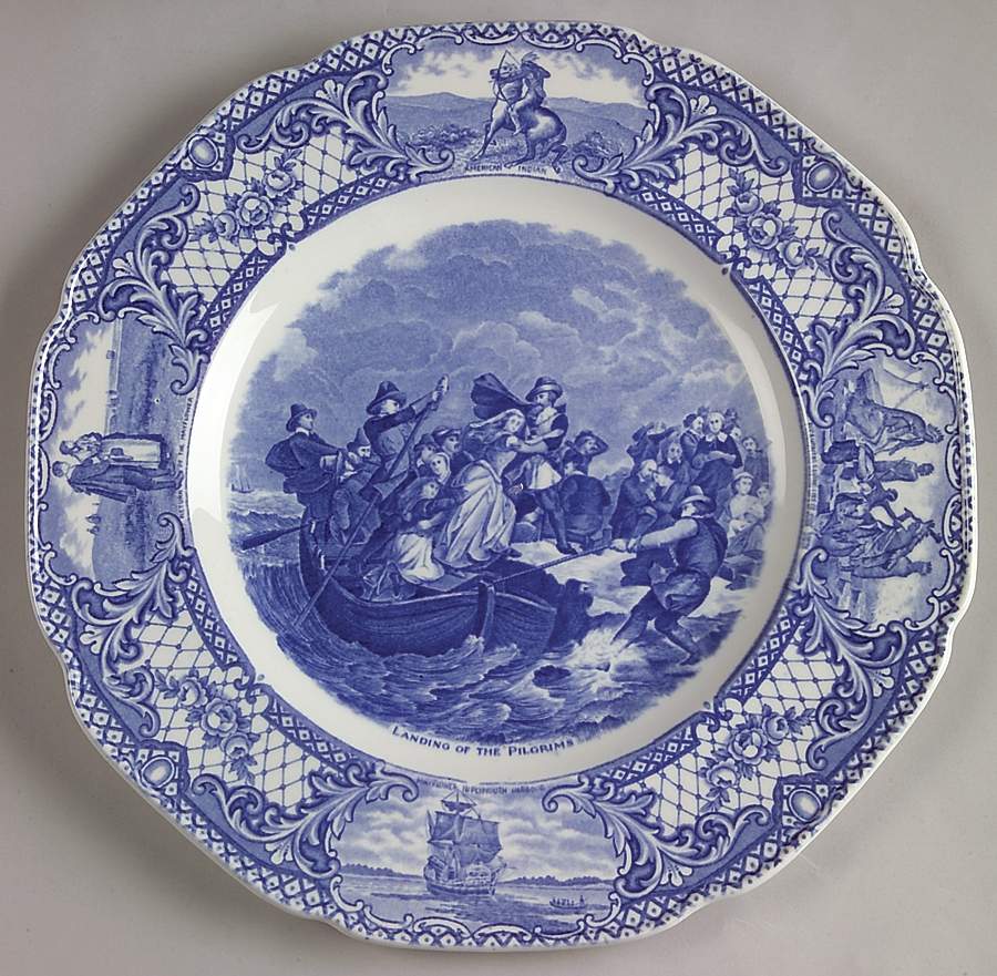 Colonial Times Blue (Floral & Scene Border) Dinner Plate by Crown Ducal-1