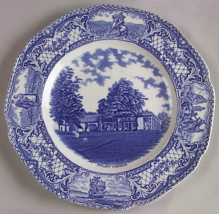 Colonial Times Blue (Floral & Scene Border) Dinner Plate by Crown Ducal-1
