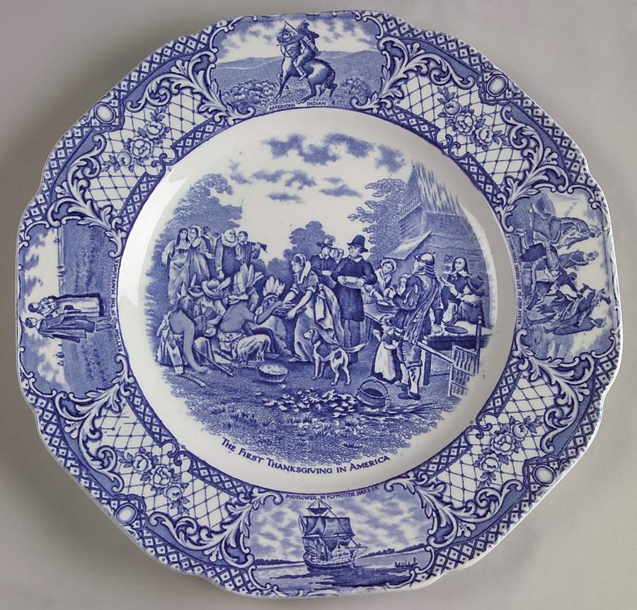 Colonial Times Blue (Floral & Scene Border) Dinner Plate by Crown Ducal-1
