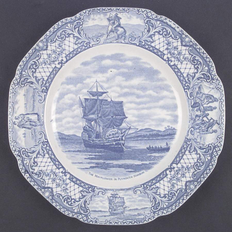 Colonial Times Blue (Floral & Scene Border) Dinner Plate by Crown Ducal-1