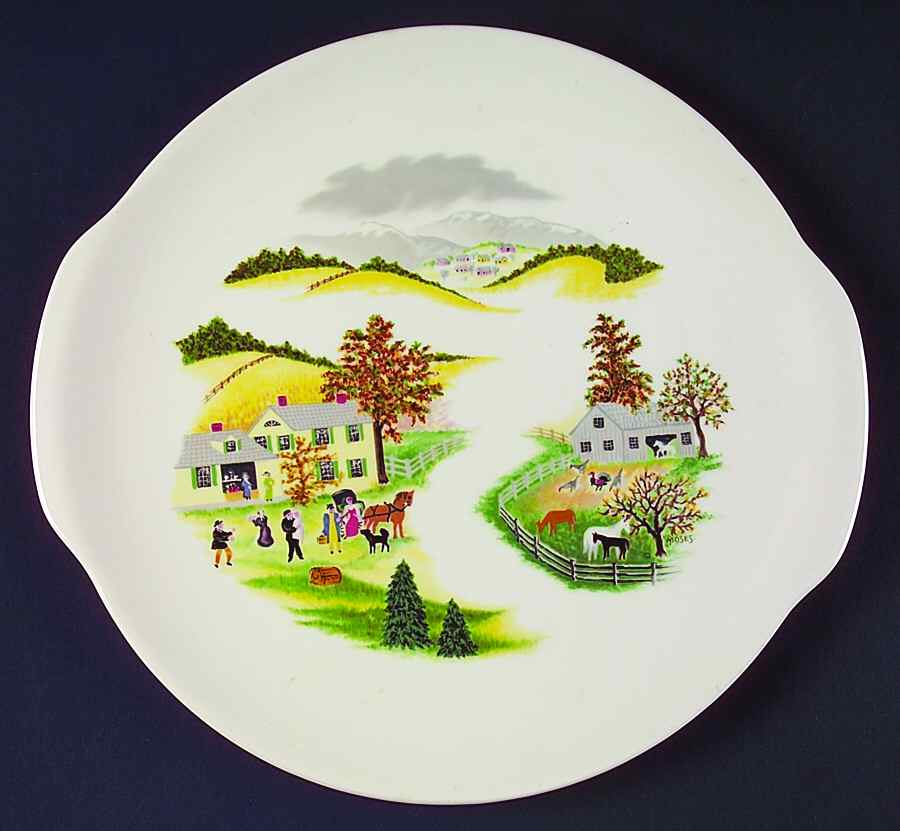 Grandma Moses Handled Cake Plate by Crown Potteries-1