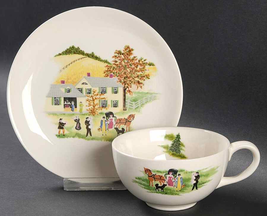 Grandma Moses Flat Cup & Saucer Set by Crown Potteries-1
