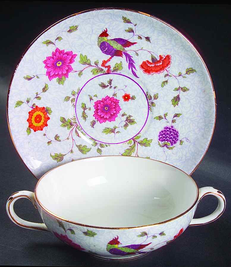 Bird of Paradise Flat Cream Soup Bowl & Saucer Set by Crown Staffordshire-1