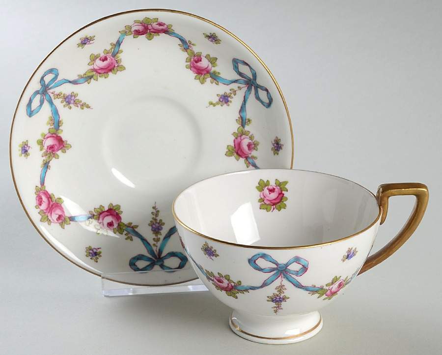 Blue Bow Footed Cup & Saucer Set by Crown Staffordshire-1