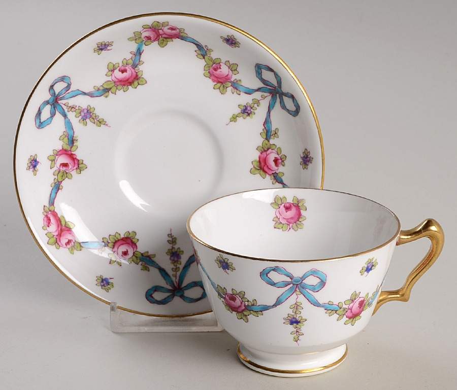 Blue Bow Footed Cup & Saucer Set by Crown Staffordshire-1