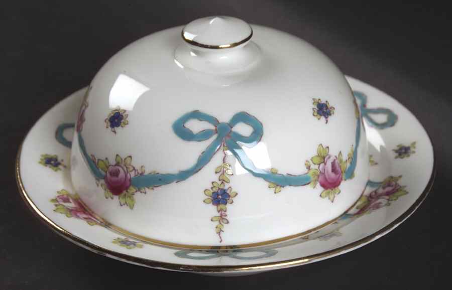Blue Bow Mini Round Covered Butter by Crown Staffordshire-1