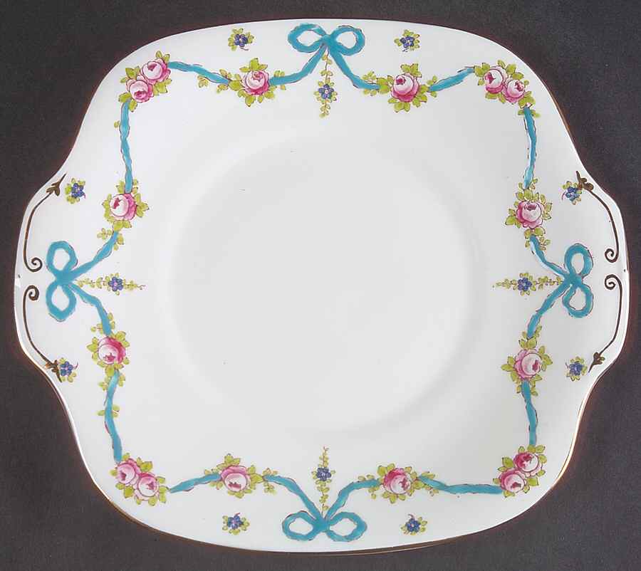 Blue Bow Square Handled Cake Plate by Crown Staffordshire-1