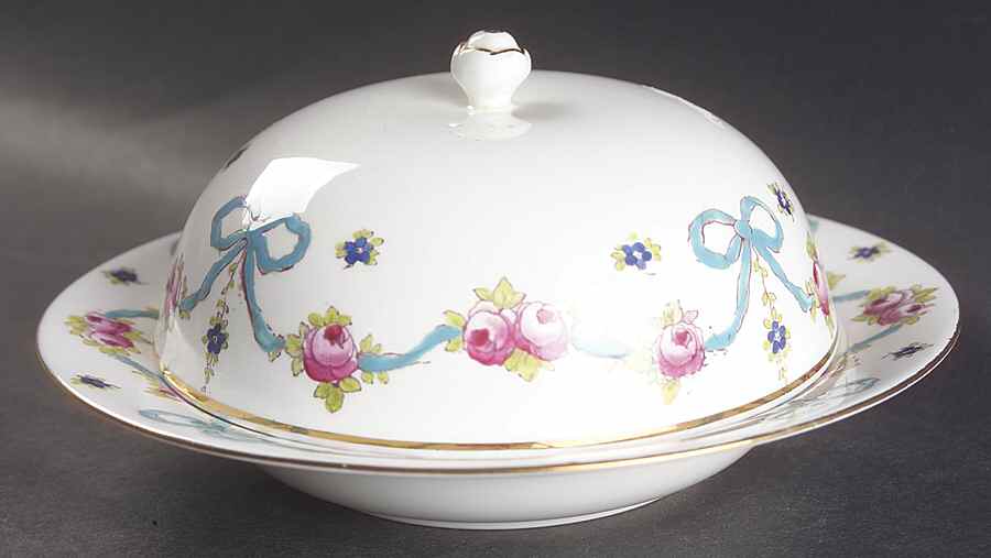 Blue Bow Round Covered Butter by Crown Staffordshire-1
