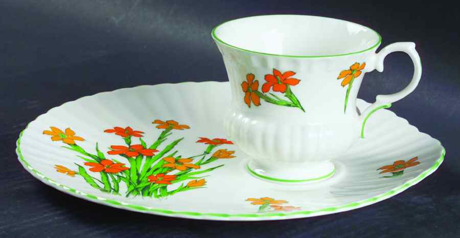 Devon (Scalloped, Green Trim) Snack Plate & Cup Set by Crown Staffordshire-1
