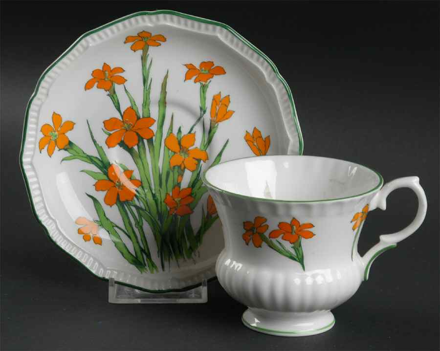 Devon (Scalloped, Green Trim) Footed Cup & Saucer Set by Crown Staffordshire-1