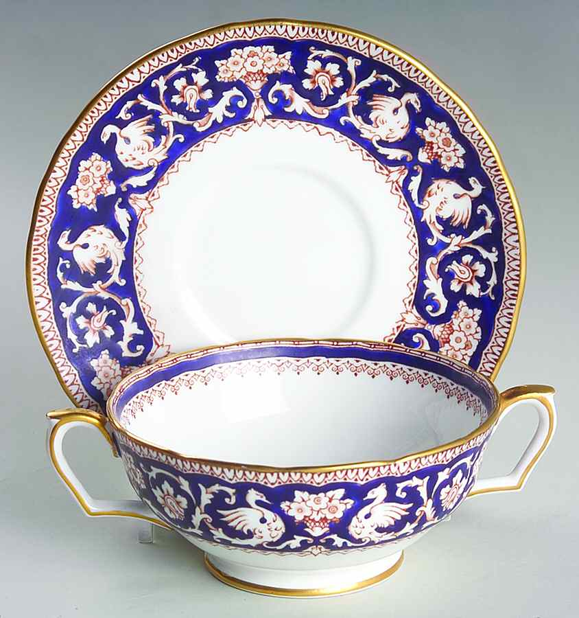Ellesmere Cobalt Blue Footed Cream Soup Bowl & Saucer Set by Crown Staffordshire-1