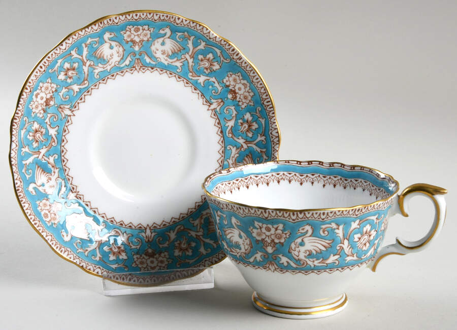 Ellesmere (Turquoise, Gold Trim) Footed Cup & Saucer Set by Crown Staffordshire-1