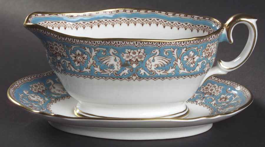 Ellesmere (Turquoise, Gold Trim) Gravy Boat & Underplate by Crown Staffordshire-1